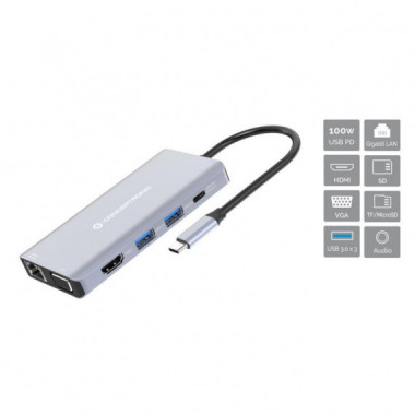 Docking Station USB 3.2 Gen 10 en 1, Hdmi, Vga, Usb-a 3.0, Sd, Tf/microsd, Audio, Lan Gbe, USB Pd de 100 W  CONCEPTRONIC