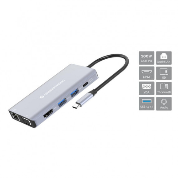 Docking Station USB 3.2 Gen 10 en 1, Hdmi, Vga, Usb-a 3.0, Sd, Tf/microsd, Audio, Lan Gbe, USB Pd de 100 W  CONCEPTRONIC