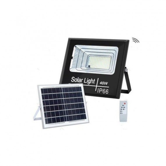 FOCO PROYECTOR LED SOLAR CON SENSOR DE MOVIMIENTO-CREPUSCULAR 40W IP66 PANEL POLICRISTALINO B. FRIO