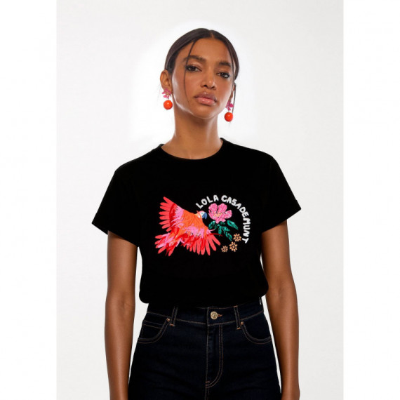 PARROT T-SHIRT WITH FEATHERS BLACK