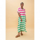 LONG THREE-TONE STRIPED DRESS GREEN-PINK