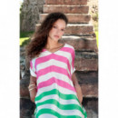 LONG THREE-TONE STRIPED DRESS GREEN-PINK