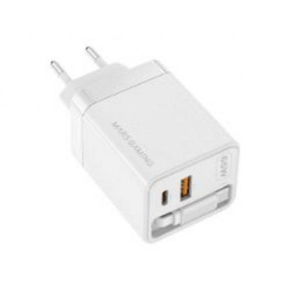 Cargador de Pared Mars Gaming Retráctil GaN 65W USB-A/C Blanco (MDGAN65RW)