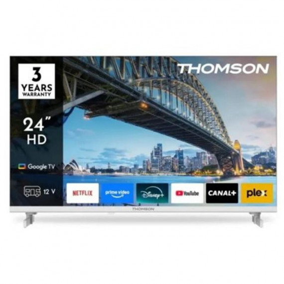 Televisor QLED Thomson de 24 Pulgadas Blanco | HD, Smart TV con Google TV, Wi-Fi, Bluetooth y 12V