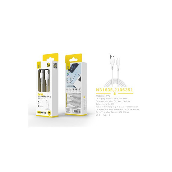 ONE PLUS Cable Datos Tipo C A Usb NB1635 66W 3Mtrs Blanco