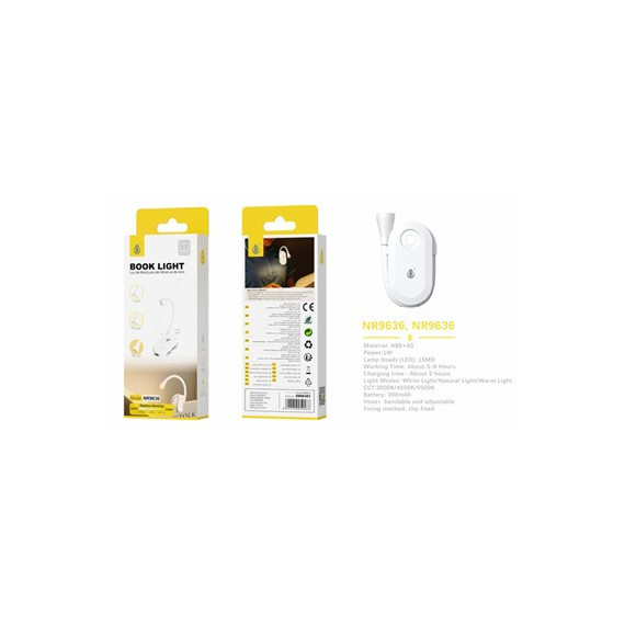ONE PLUS Mini Lampara de Libro  NR9636 con Pinza 3 Modos Blanca