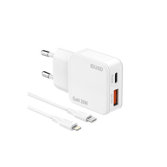 IDUSD Cargador Red Usb Y Tipo C 20W + Cable Datos Tipo C A Lightning Blanco D315B