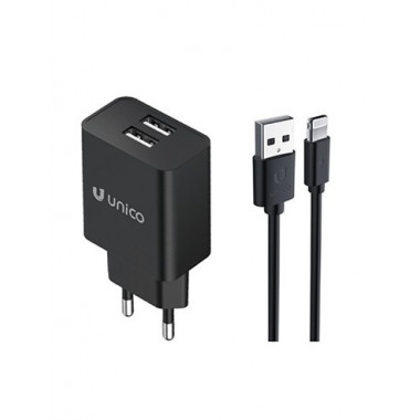 UNICO Cargador Red 2xUsb+Cable Datos Lightning HC1165 Negro 2.4A fireproof material