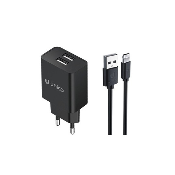 UNICO Cargador Red 2xUsb+Cable Datos Lightning HC1165 Negro 2.4A fireproof material