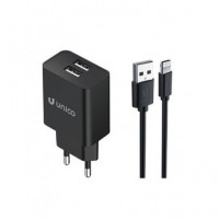 UNICO Cargador Red 2xUsb+Cable Datos Lightning HC1165 Negro 2.4A fireproof material
