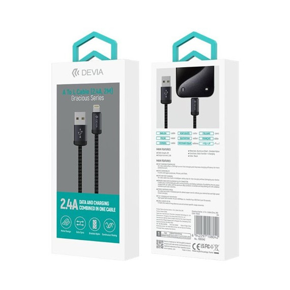DEVIA Cable Datos Lightning a USB a 2MTRS Negro - Guanxe Atlantic Marketplace