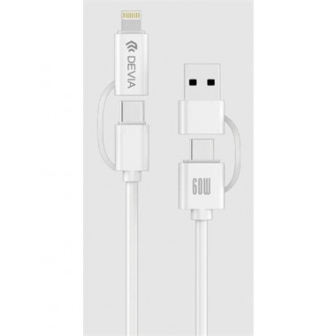DEVIA Cable Datos Tipo C M/M Con Adaptador LIghtning y Usb A 60W 1.2Mtrs Blanco