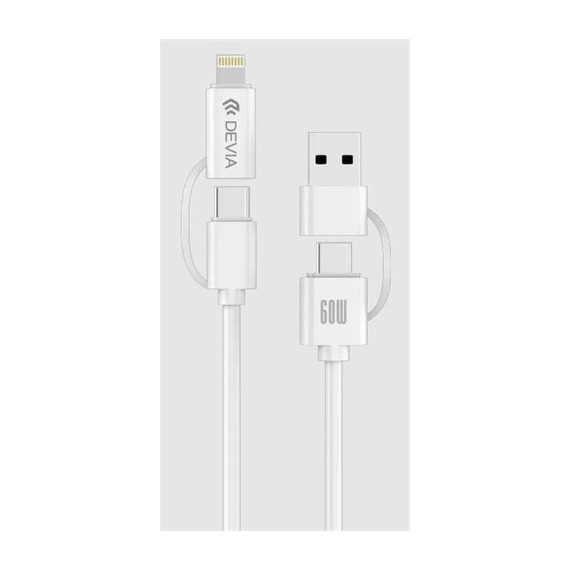 DEVIA Cable Datos Tipo C M/M Con Adaptador LIghtning y Usb A 60W 1.2Mtrs Blanco
