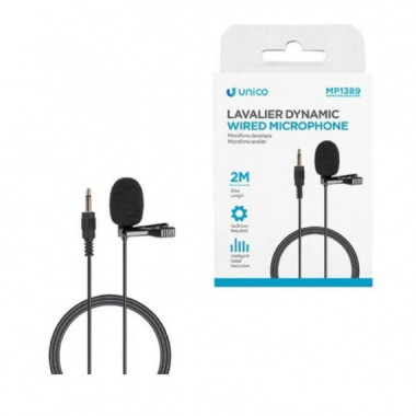 UNICO Microfono con Cable Din&aacute;mico Lavalier Jack 3.5MM 2M Reduccion Ruido Clip Pinza Negro