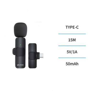 UNICO Microfono MP6037  HD BLUETOOTH Din&aacute;mico Lavalier Tipo-c Denoise Pinza Clip Negro