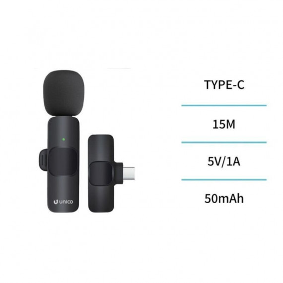 UNICO Microfono MP6037  HD BLUETOOTH Dinámico Lavalier Tipo-c Denoise Pinza Clip Negro
