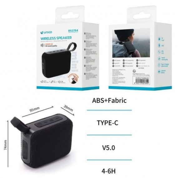 UNICO Altavoz BS2764 BLUETOOTH 5.0 5W Mini Portable 9CM Tela Tipo-c Negro