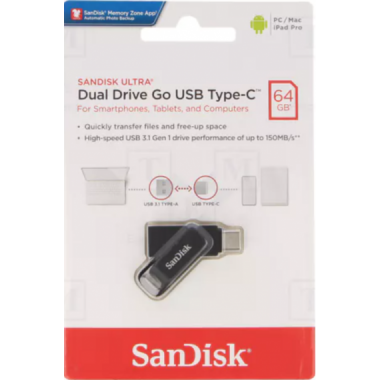 Pendrive SanDisk Ultra Dual Drive Go USB 3.1/USB Type-C para PC/Mac/iPad 64GB Negro