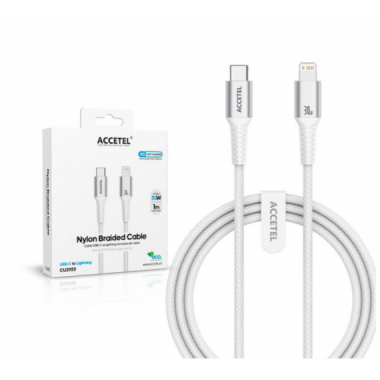 Cable de Carga R&aacute;pida Accetel 30W USB-C a Lightning Nylon Trenzado Plata 1M CU2933