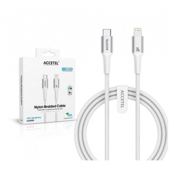 Cable de Carga Rápida Accetel 30W USB-C a Lightning Nylon Trenzado Plata 1M CU2933