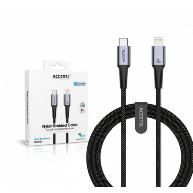 Cable de Carga R&aacute;pida Accetel 30W USB-C a Lightning Nailon Trenzado Gris 1m CU2932