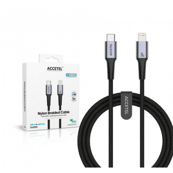 Cable de Carga Rápida Accetel 30W USB-C a Lightning Nailon Trenzado Gris 1m CU2932