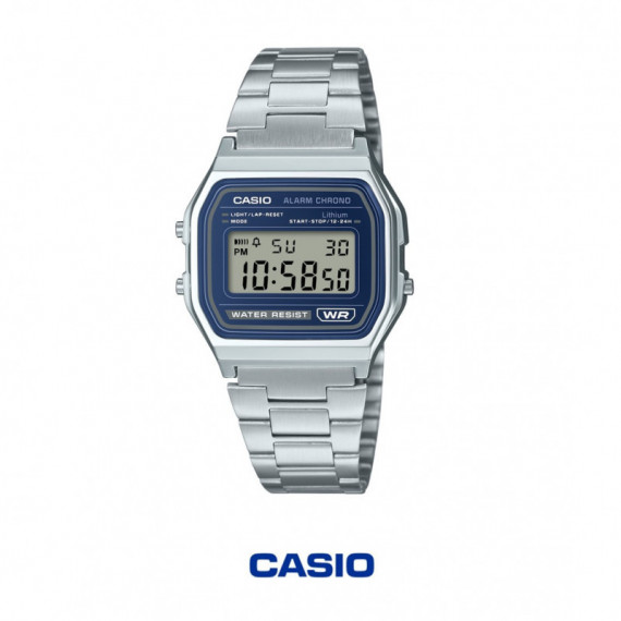 Casio A158WEA-2 Reloj Digital Unisex – Estilo Vintage con Marco Azul – Correa de Acero Inoxidable y Cronómetro - A158WEA-2