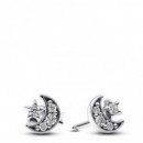 PANDORA Pendientes de Botón en Plata de Ley Luna & Estrella Brillantes​ 292990C01