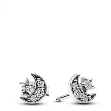 PANDORA Pendientes de Bot&oacute;n en Plata de Ley Luna & Estrella Brillantes​ 292990C01
