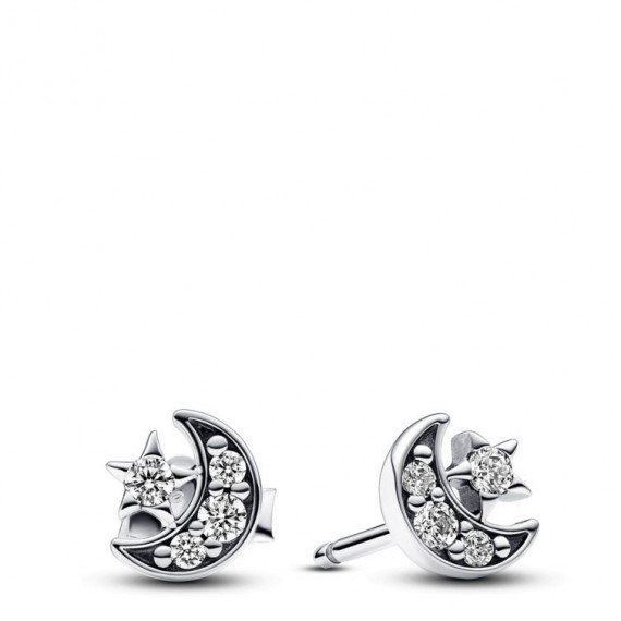 PANDORA Pendientes de Botón en Plata de Ley Luna & Estrella Brillantes​ 292990C01