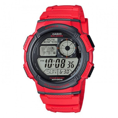 CASIO AE-1000W-4AV Reloj Deportivo Digital para Hombre &ndash; Correa Roja, Hora Mundial, Wr 100M, Bater&iacute;a 10 A&ntilde;os
