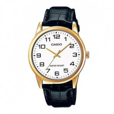 CASIO MTP-V001GL-7B Reloj Cl&aacute;sico Dorado con Correa de Cuero Negro y Esfera Blanca para Hombre