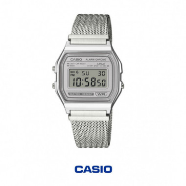 Casio A158WEM-7 Reloj Digital Unisex &ndash; Dise&ntilde;o Vintage Plateado con Correa Milanesa de Acero Inoxidable - A158WEM-7