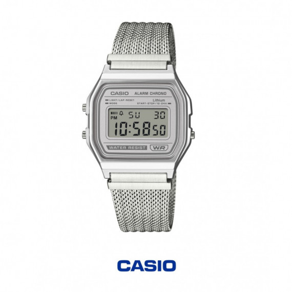 Casio A158WEM-7 Reloj Digital Unisex – Diseño Vintage Plateado con Correa Milanesa de Acero Inoxidable - A158WEM-7
