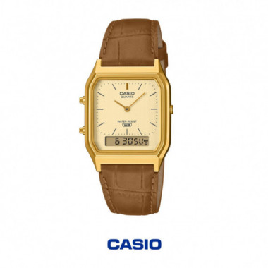 Casio AQ-230EGL-9A Reloj Anal&oacute;gico-Digital Unisex &ndash; Esfera Dorada con Correa de Piel Marr&oacute;n Estilo Vintage - AQ230EGL-9