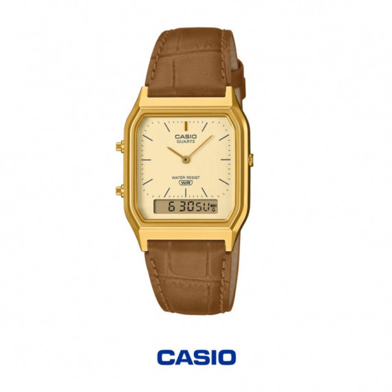 Casio AQ-230EGL-9A Reloj Analógico-Digital Unisex – Esfera Dorada con Correa de Piel Marrón Estilo Vintage - AQ230EGL-9