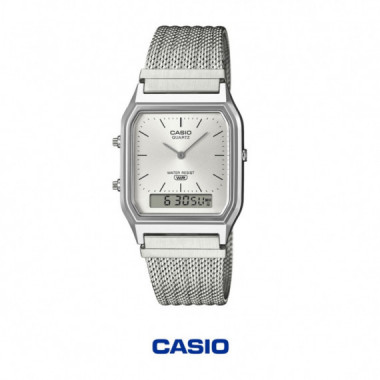 Casio AQ-230EM-7A Reloj Anal&oacute;gico-Digital Unisex &ndash; Esfera Plateada con Correa de Malla