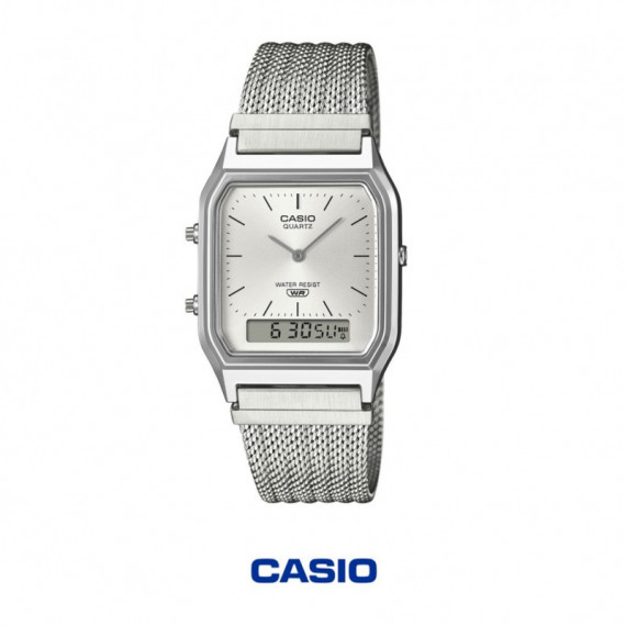 Casio AQ-230EM-7A Reloj Analógico-Digital Unisex – Esfera Plateada con Correa de Malla