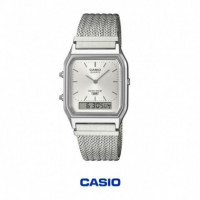 Casio AQ-230EM-7A Reloj Analógico-Digital Unisex – Esfera Plateada con Correa de Malla