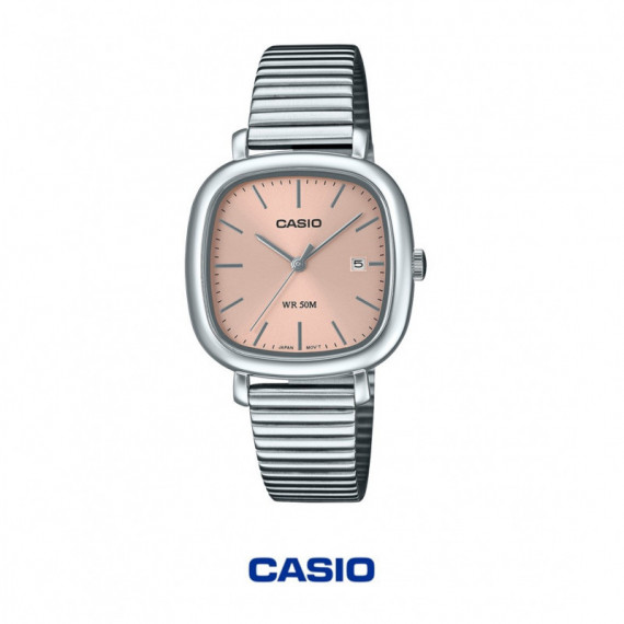 Casio LTP-B166D-4AV Reloj Analógico Mujer – Caja Cuadrada Acero Inoxidable, Esfera Rosa y Fecha | 50 m WR