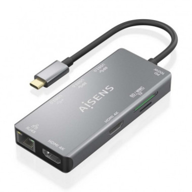 Docking USB-C AISENS 9 en 1 con 2xHDMI, RJ45 Gigabit, 3xUSB, USB-C PD 100W, Lector SD/MicroSD (Gris, ASUC-9P018-GR)