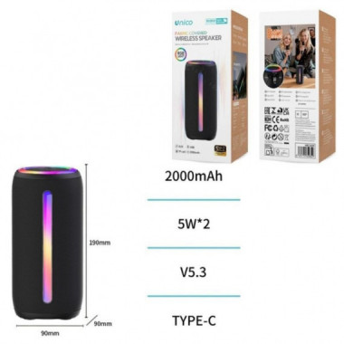 UNICO ALTAVOZ BS2802 BLUETOOTH 5.3 10W RGB LED MICROSD JACK TIPO-C 2000MAH NEGRO