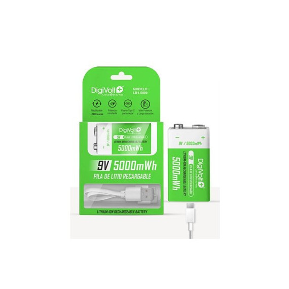 DIGIVOLT Pila Litio 9V Recargable 5000mWh Con Cable Usb LB1-5000