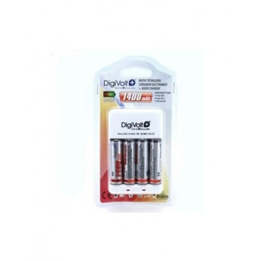 DIGIVOLT Cargador de Pilas AA/AAA/9V Ni-Mh Recargable QC-1400 Con 4X Pilas AA 1400mAh 100-240V