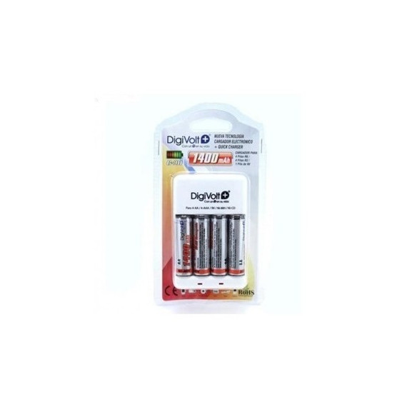 DIGIVOLT Cargador de Pilas AA/AAA/9V Ni-Mh Recargable QC-1400 Con 4X Pilas AA 1400mAh 100-240V