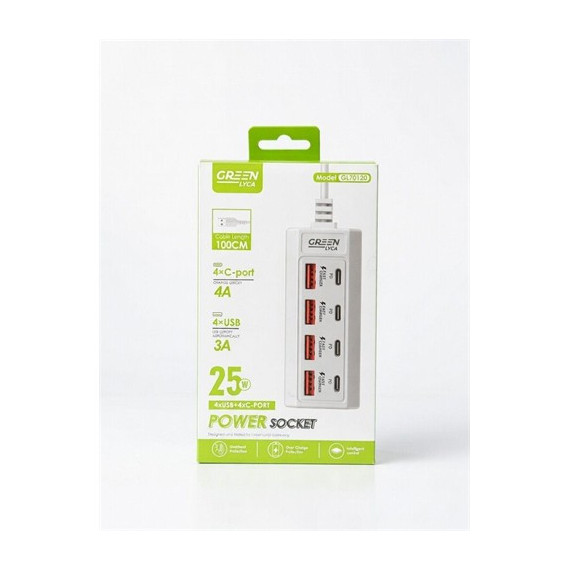 GREEN LYCA Hub 4X Usb-A Y 4X Tipo C 25W 3A GL70120 Cable 1Mtr Por Usb