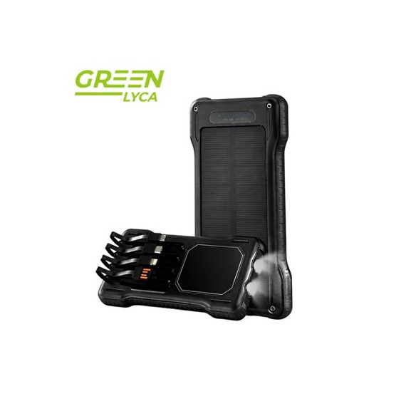 GREEN LYCA Bateria Externa Portatil 10000mAh Solar Con Cable Lightning,Usb C y Micro Usb GL70174