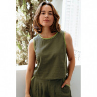 SUGARHILL BRIGHTON Camisetas Mujer Top Sugarhill Senna Olive, Decorative Stitch