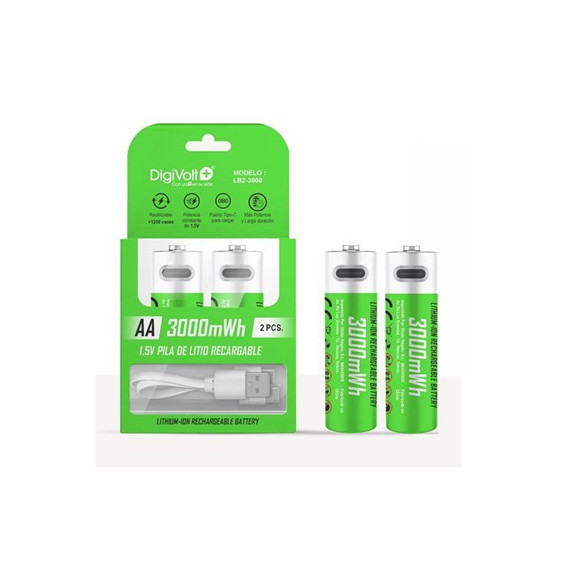 DIGIVOLT Pack de 2 Pilas Aa Recargable Litiio 3000MWH 1.5V con Cable USB LB2-3000