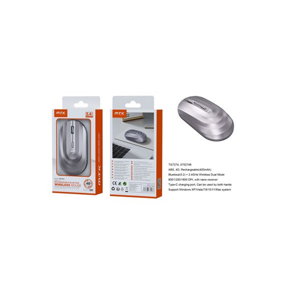 MTK Raton Inalambrico TG7274 2.4GHZ/ BLUETOOTH 4D Plata